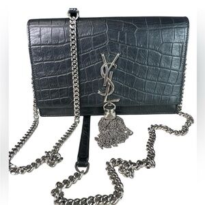 Saint Laurent Black Croc-Embossed Tassel Chain Crossbody